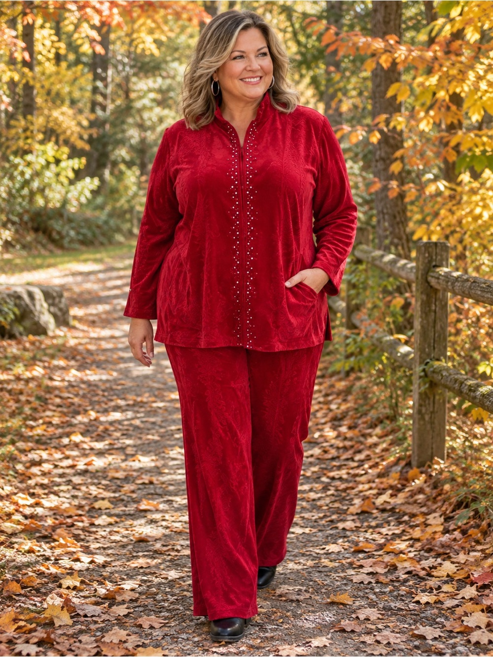 Red Velour Jogger Set Rhinestone Zipper 2 Piece Set Plus Size 2X